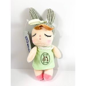 MeToo Hanging Plush Mini Doll with Bunny Ears - Green Dress with Bicycle - 6 in